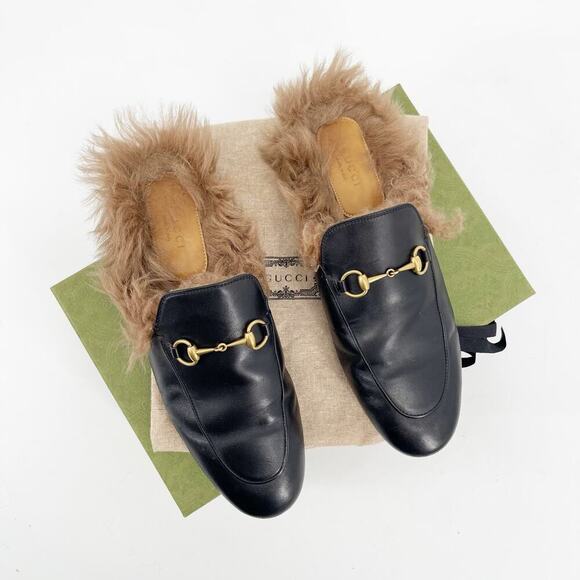Gucci Black Leather Princetown Fur Wool Lined Horsebit Mule Slipper EU 39.5 - Picture 2 of 12